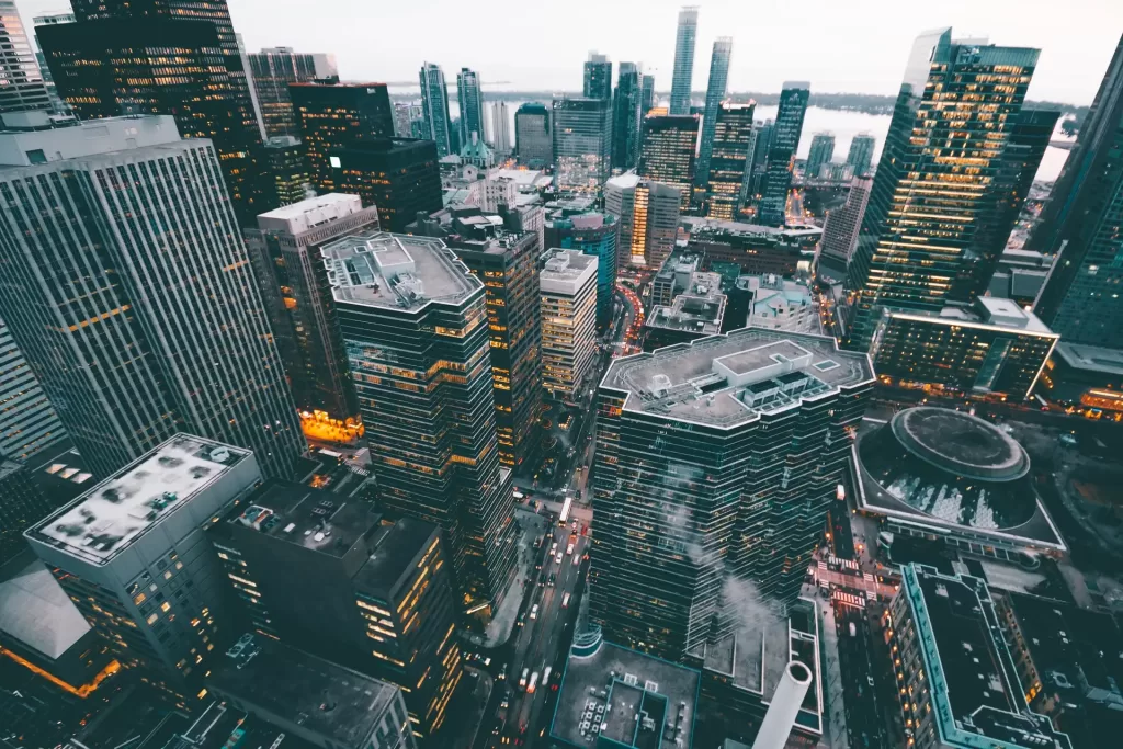 High-up photograph of a cityscape